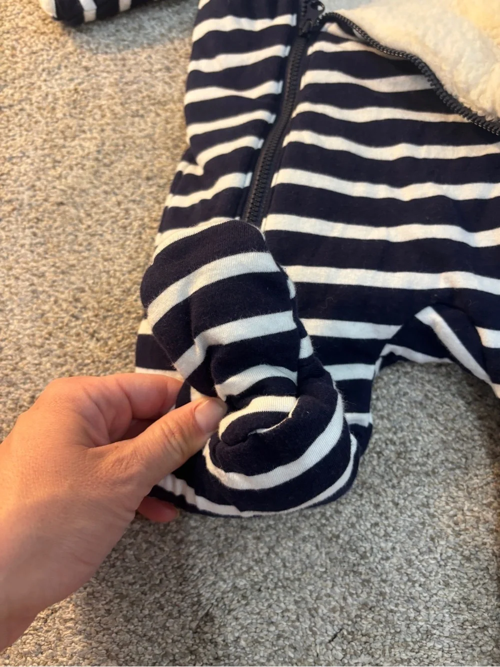 Baby Gap Navy White Striped Sherpa Lined Hooded Pram Suit Bunting 3-6m Bear